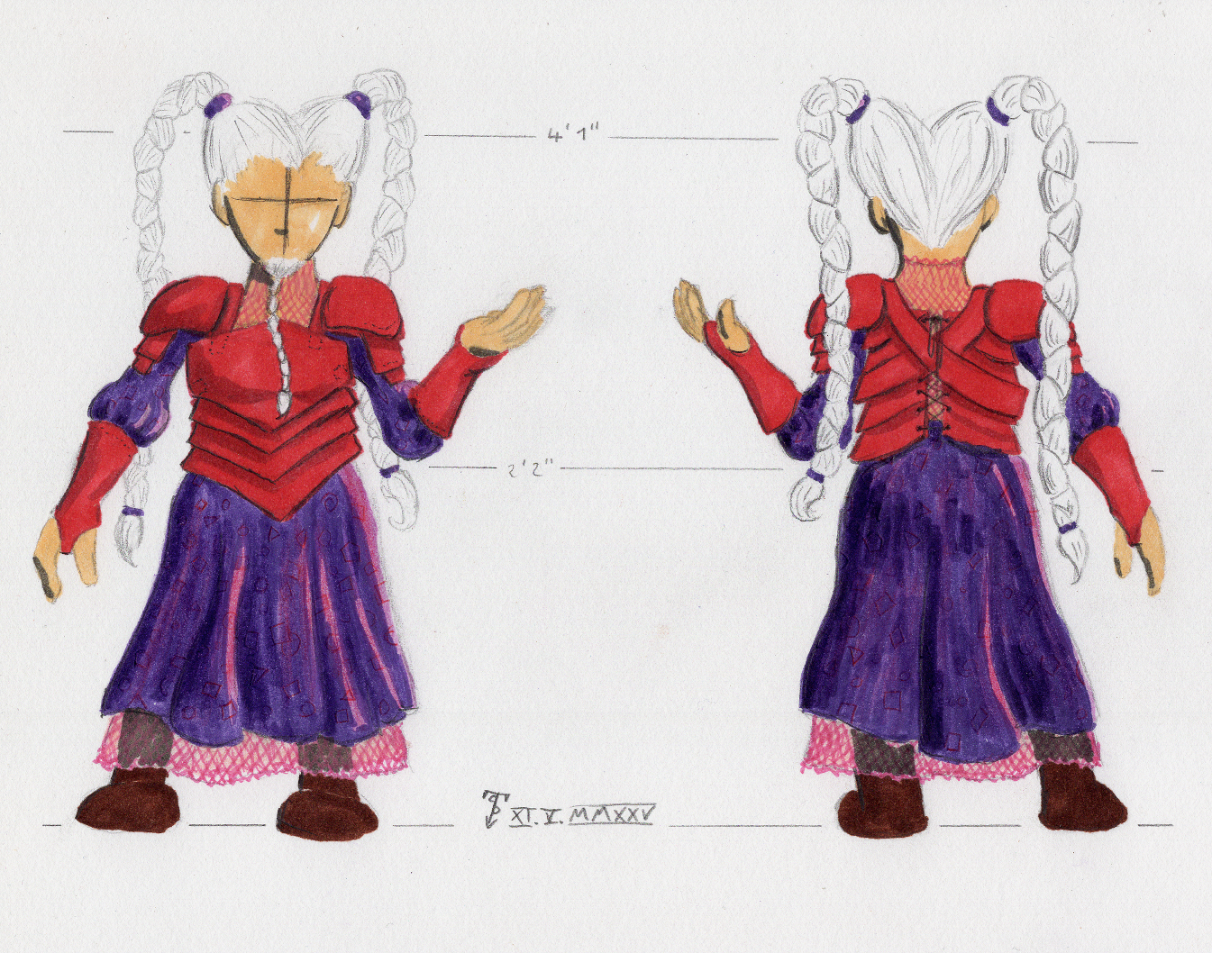 Fashion design for a ball gown for the dwarfen mage Roxana. Purple skirt and a red corset with a plate armor like look.